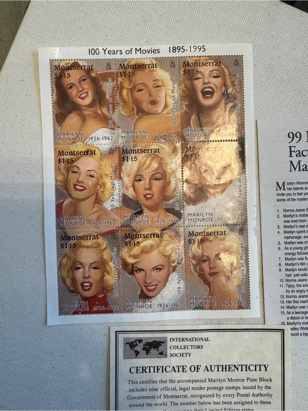 Marilyn Monroe Vintage Collectible Montserrat Stamp Plate Block with CoA
